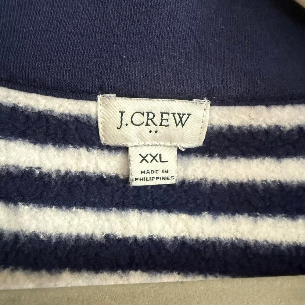 J Crew Striped‎ Quarter Zip Fleece Sweatshirt Navy White XXL Nautical Classic